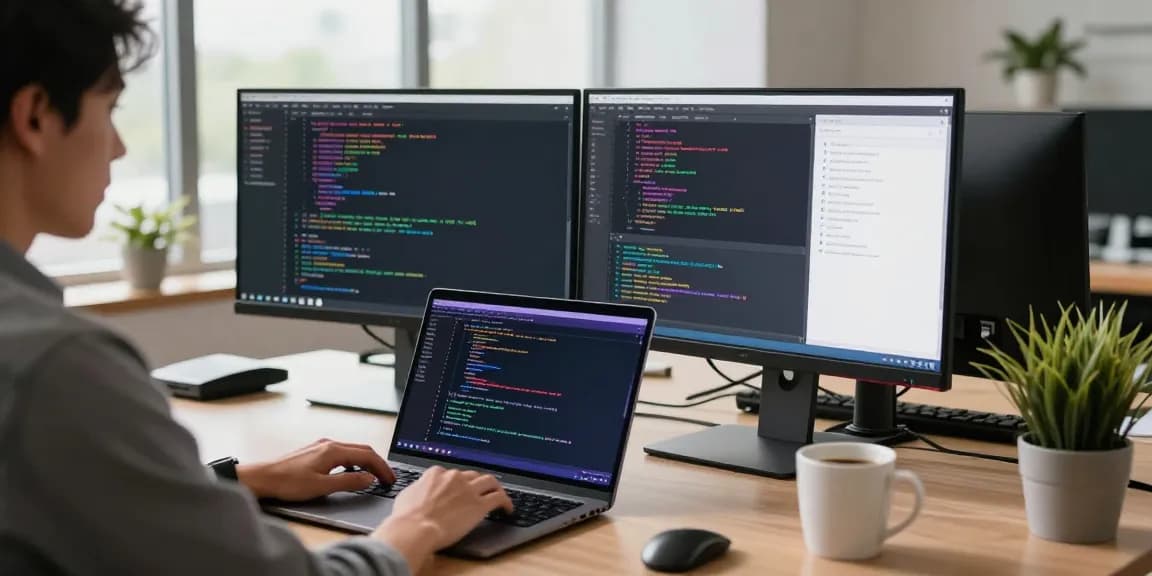 Download Telegram on a stylish tech workspace with a coder at a laptop.