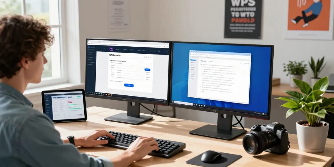 WPS Download page showcased on a dual monitor setup in a modern tech workspace, reflecting innovative software use and productivity.
