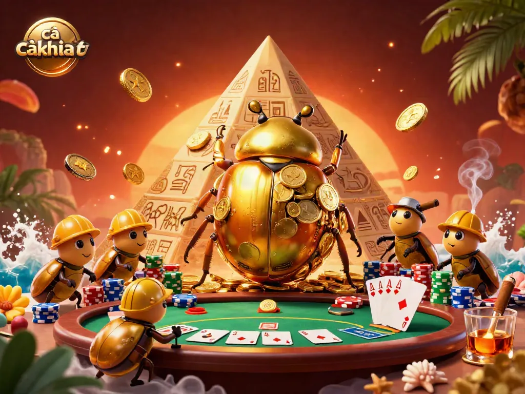 Join the excitement of cà khịa tv as golden beetles navigate a casino scene filled with poker chips and winnings.