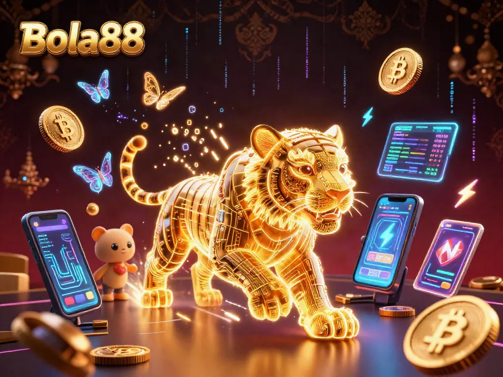 Bola88 engages players in a vibrant 3D casino filled with neon energy and crypto elements.