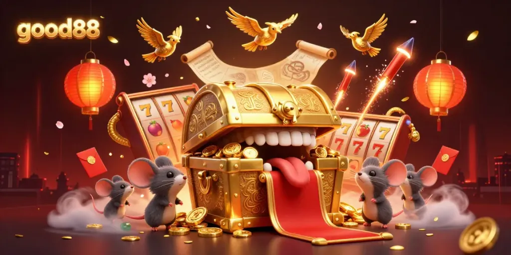 Experience the thrill of good88 with vibrant slot machines surrounded by golden treasures and festive lanterns.