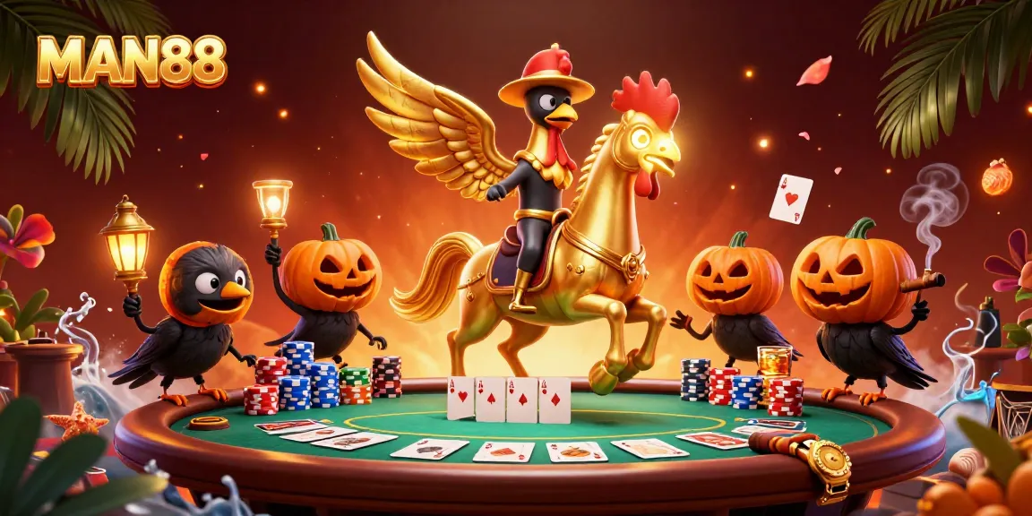 Engage with MAN88's thrilling casino scene featuring a golden rooster and poker elements.