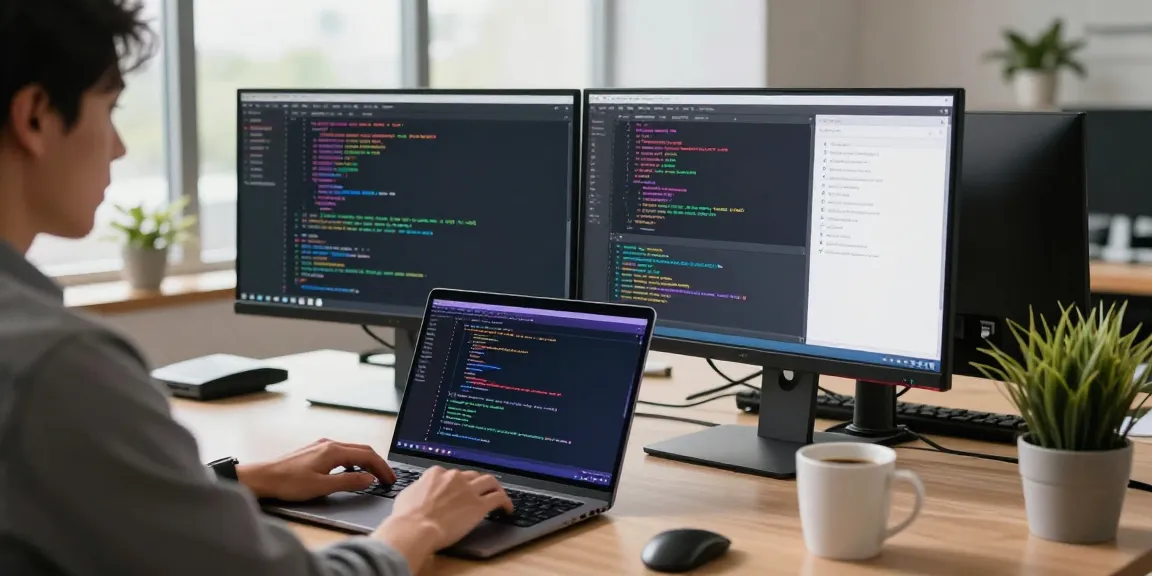 Download Telegram on a stylish tech workspace with a coder at a laptop.