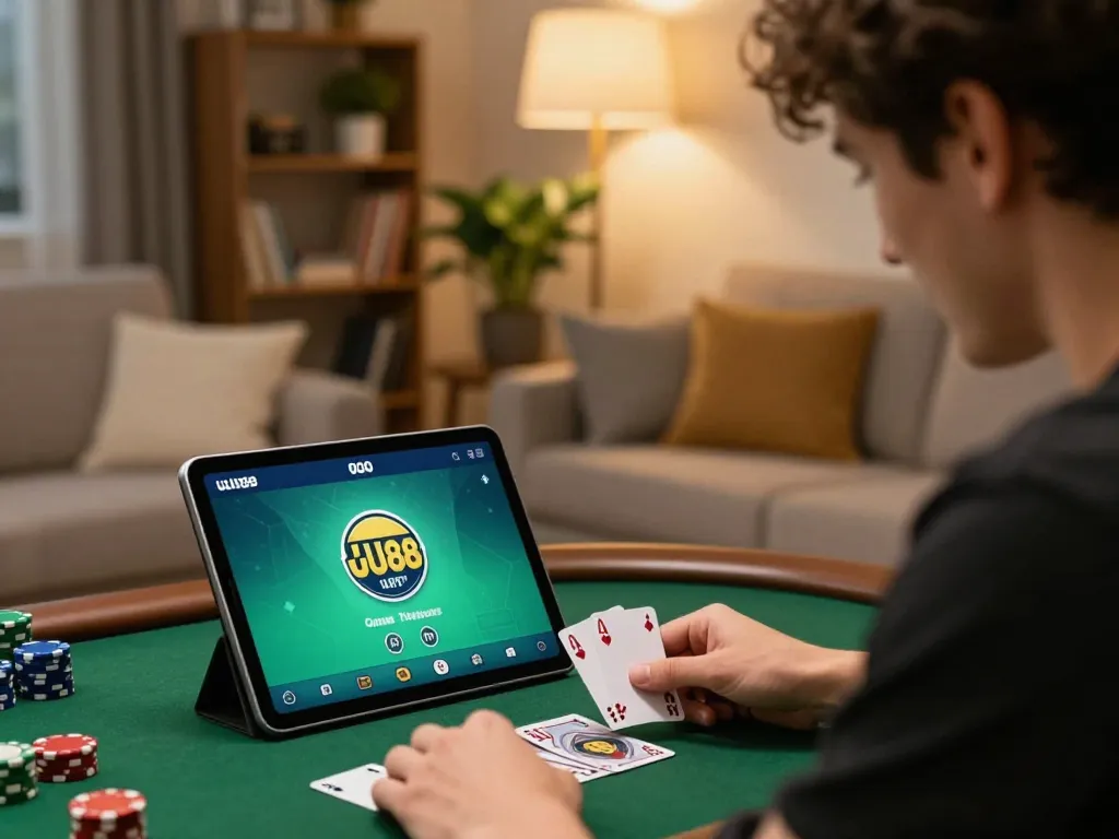 Engaging in online poker on UU88 vom within a cozy home setting, showcasing modern entertainment.