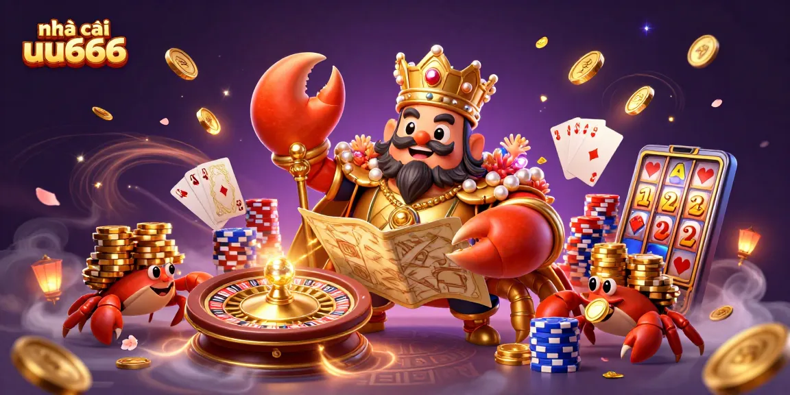 Join the thrilling adventure at nhà cái uu666 with a majestic golden crab emperor surrounded by treasure and games.