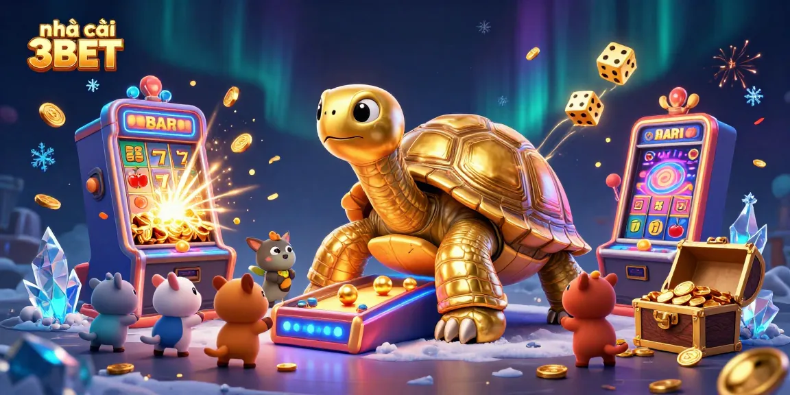 Engage with nhà cái 3BET through a vibrant illustration of a giant tortoise and animated casino elements.