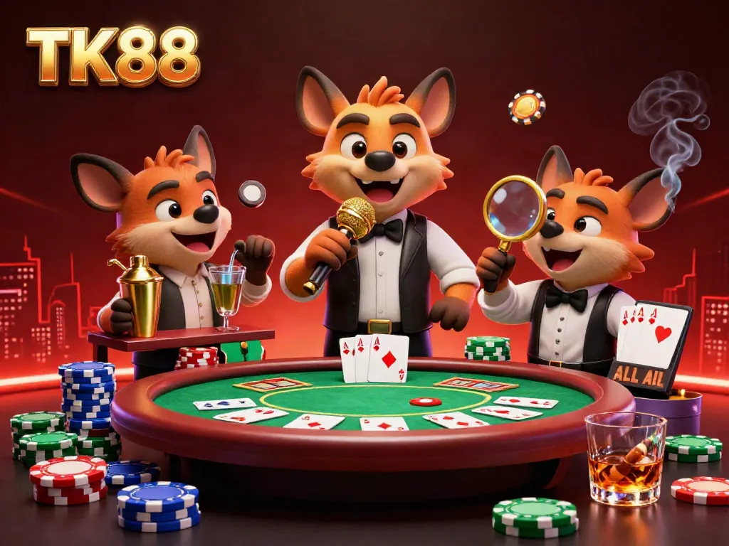 TK88's vibrant casino scene with hyena characters, playing cards, and colorful game elements highlights an engaging atmosphere.