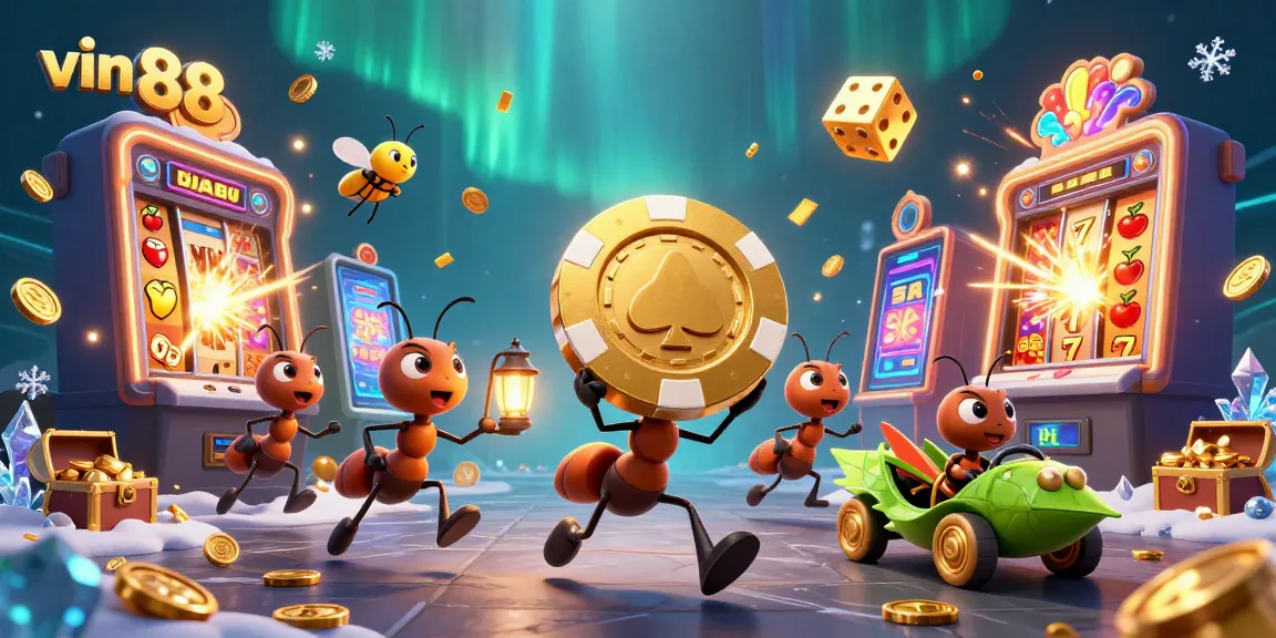 Play thrilling games at vin88 with an action-packed scene featuring ants, jackpot slots, and vibrant casino elements.