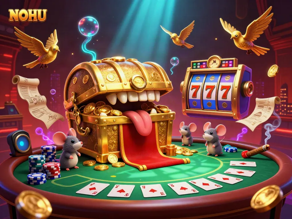 Experience the thrilling world of NOHU with vibrant slot reels and a golden treasure chest in this casino-themed illustration.