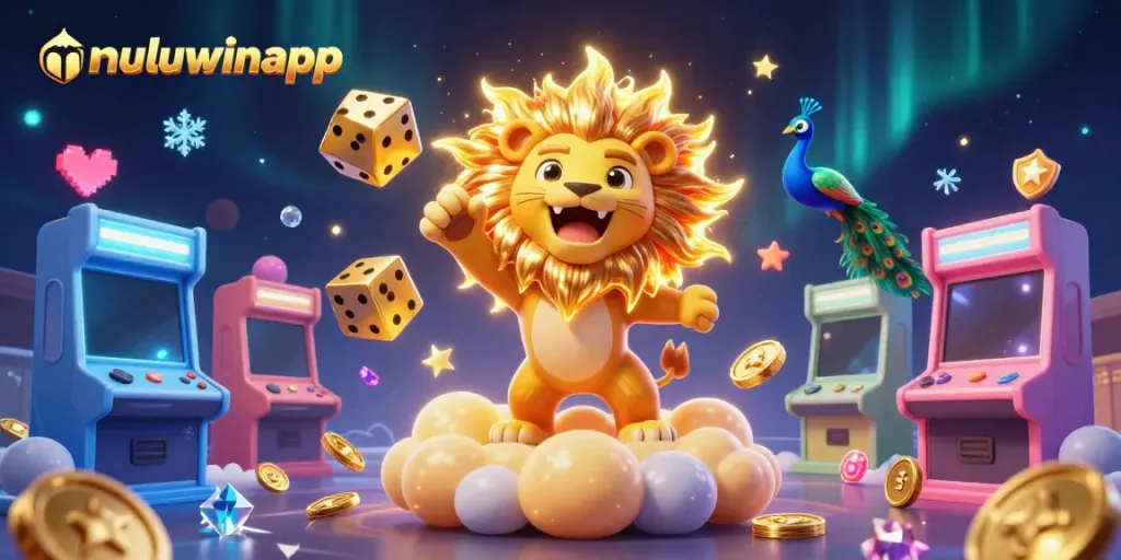 Experience thrilling gameplay with muluwinapp as a cartoon sun lion roars amidst casino-themed visuals.