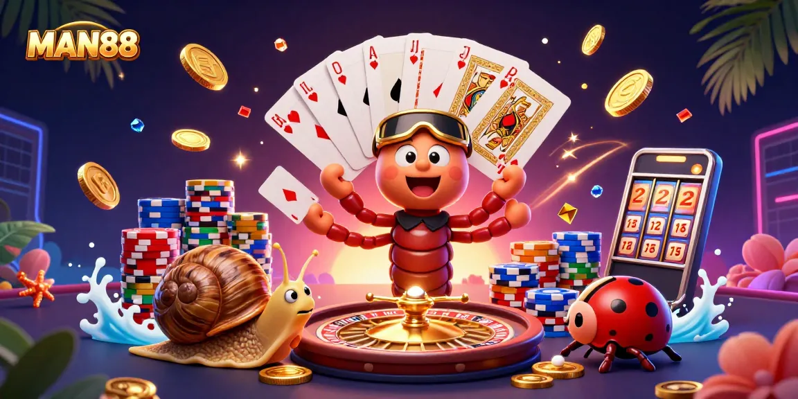 Engage with MAN88's vibrant casino scene featuring a millipede dealer and exciting gaming elements.