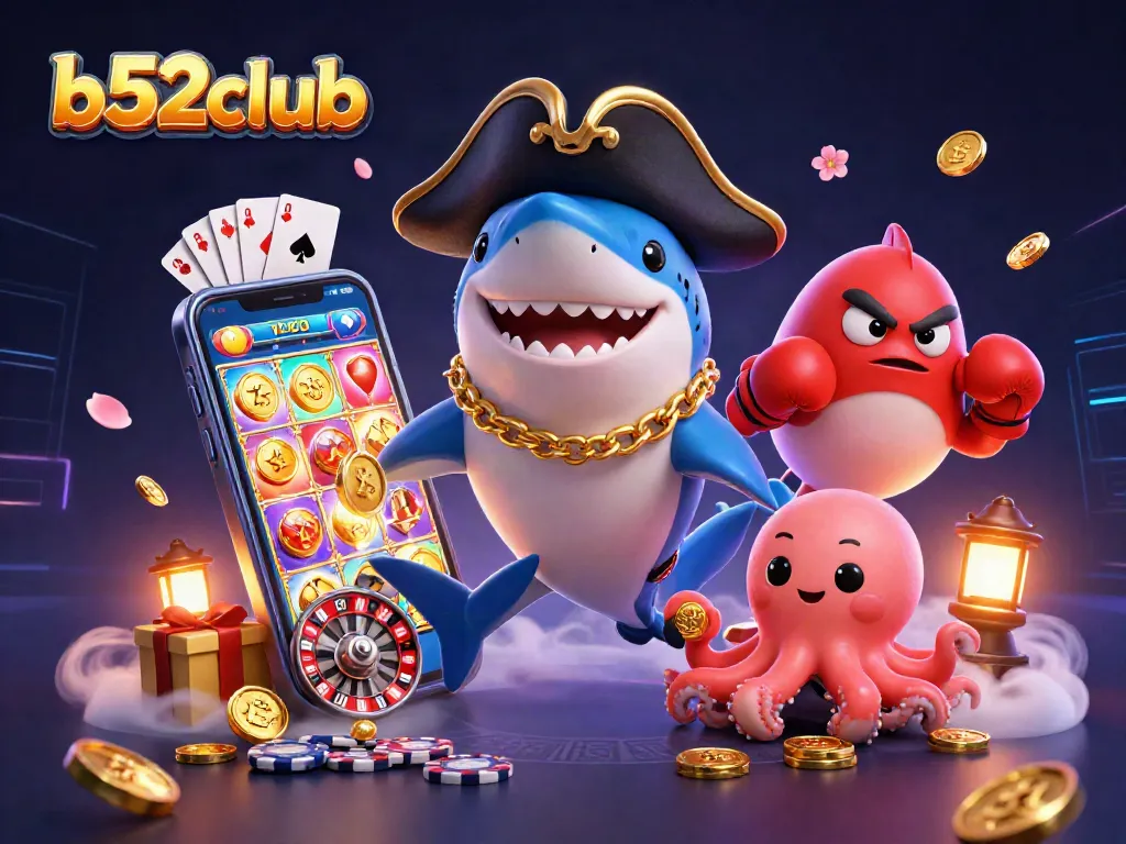 Engage with the thrilling b52club experience featuring a pirate shark, pufferfish, and octopus in a vibrant casino scene.