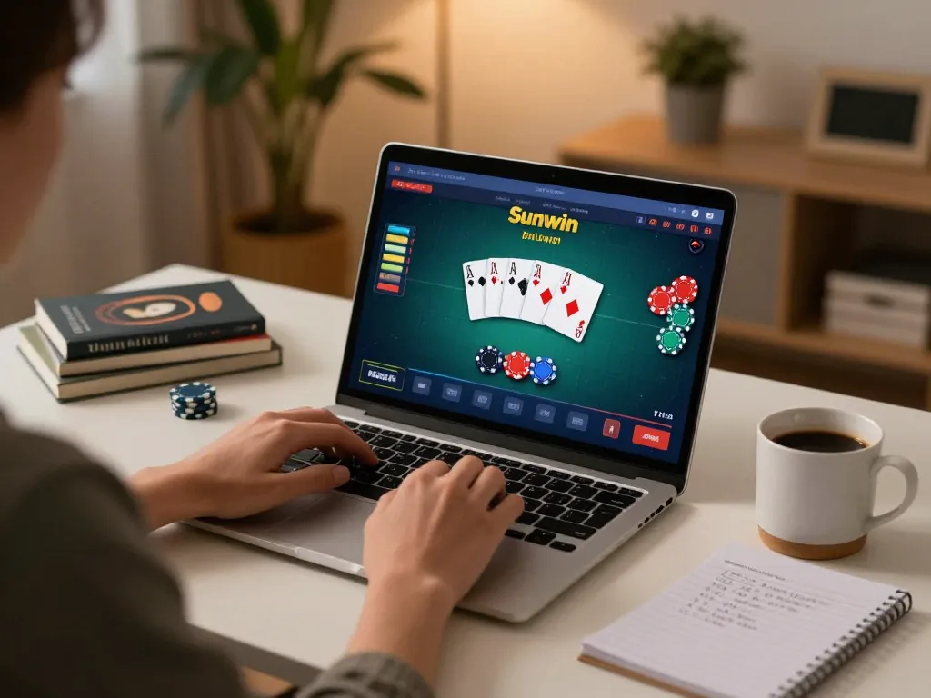 Engaging gameplay at Sunwin poker on a laptop in a cozy home setting.