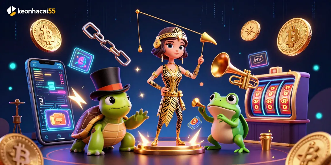 Experience keonhacai55's vibrant gameplay with unique characters in a lively 3D casino scene
