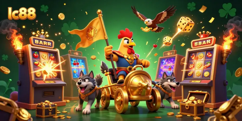Review lc88's vibrant online casino experience with a dynamic digital illustration showcasing winning elements.
