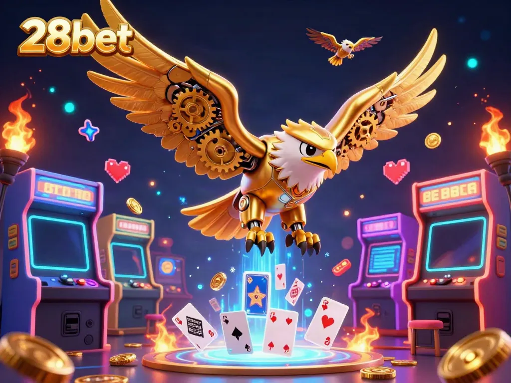 Experience thrilling gameplay with 28bet's golden eagle soaring through holographic cards in an exciting casino setting.