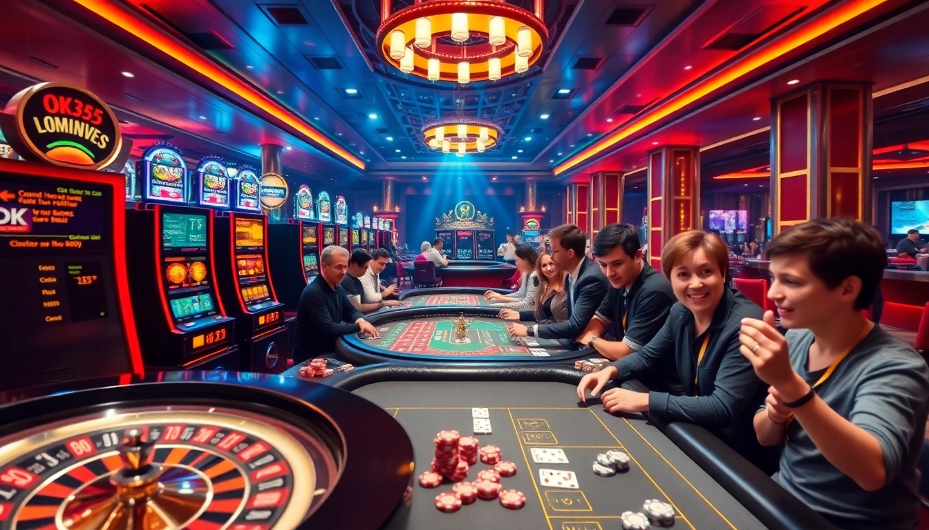 Exciting casino atmosphere showcasing games at OK365, highlighting slots, roulette, and players.