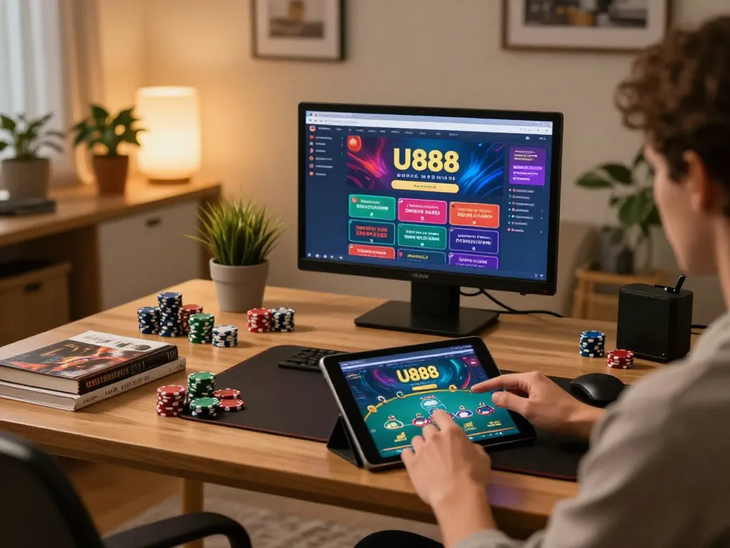 Engaged player strategizing on U888 online casino tablet, showing vibrant game interface and poker chips