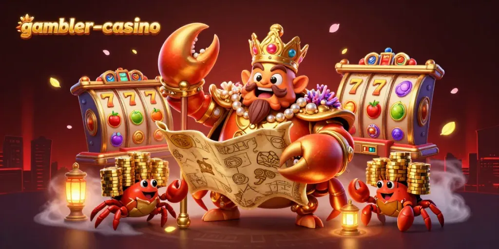 Bästa online casinon med gambler-casino-tema, guldkrabba och spelautomater som snurrar.