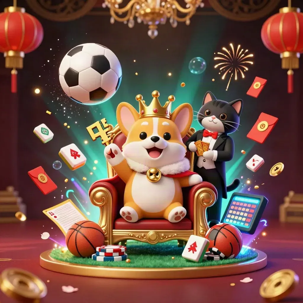 Kunglig corgi och kattbutler i casinohärva med fotboll, kort, lanternor och guldglöd