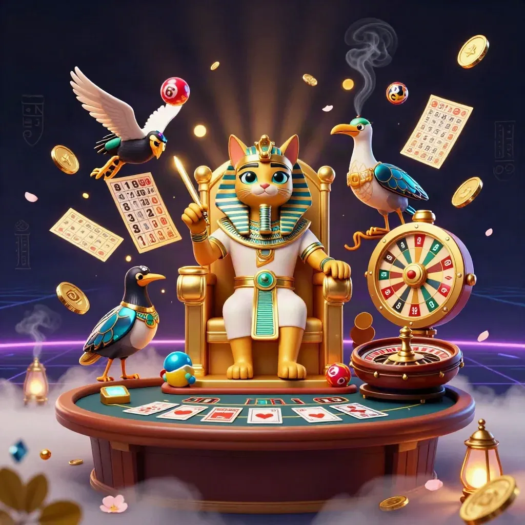 Pharaohkatt på tron med ibis, skarabéer och gyllene spelprylar i neonljus.