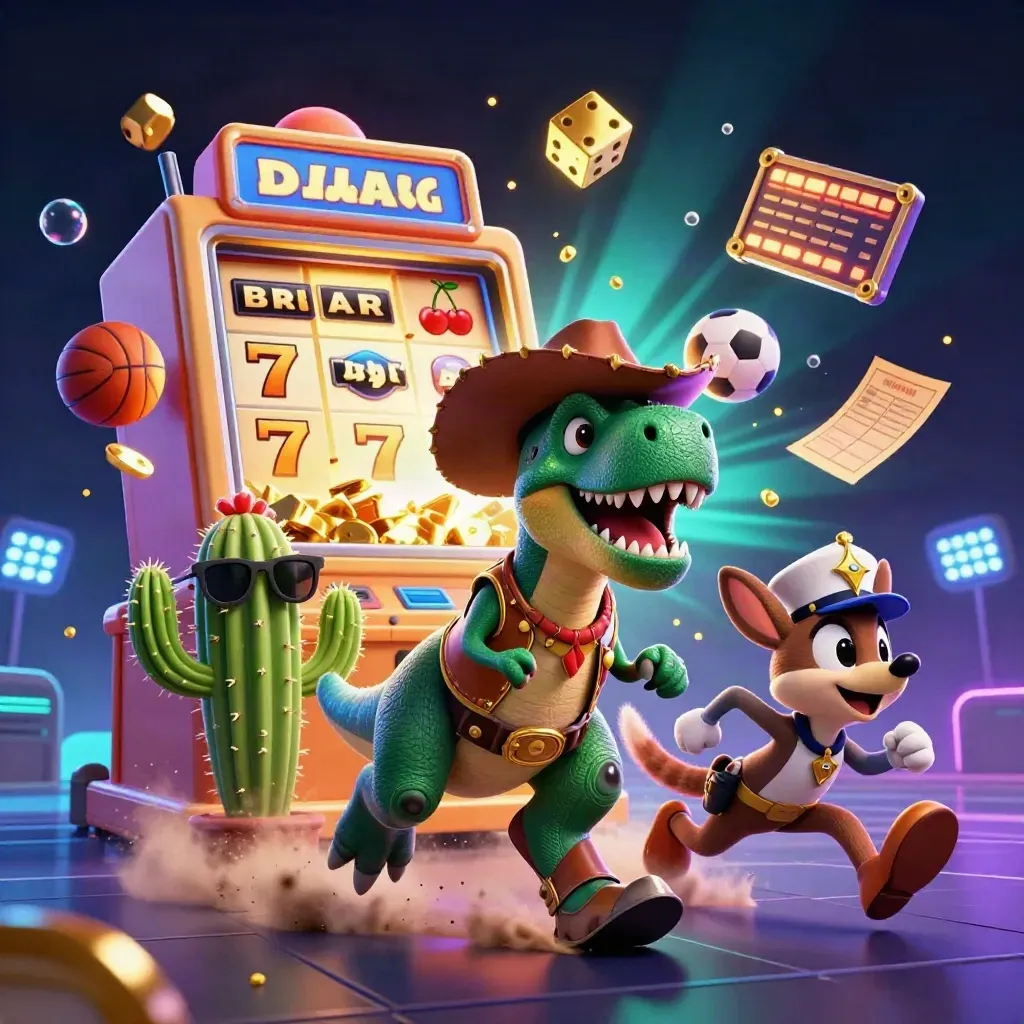 Cowboy-T-Rex, kaktus och väglöpare bland neon, slotsymboler, sportbollar och guld.