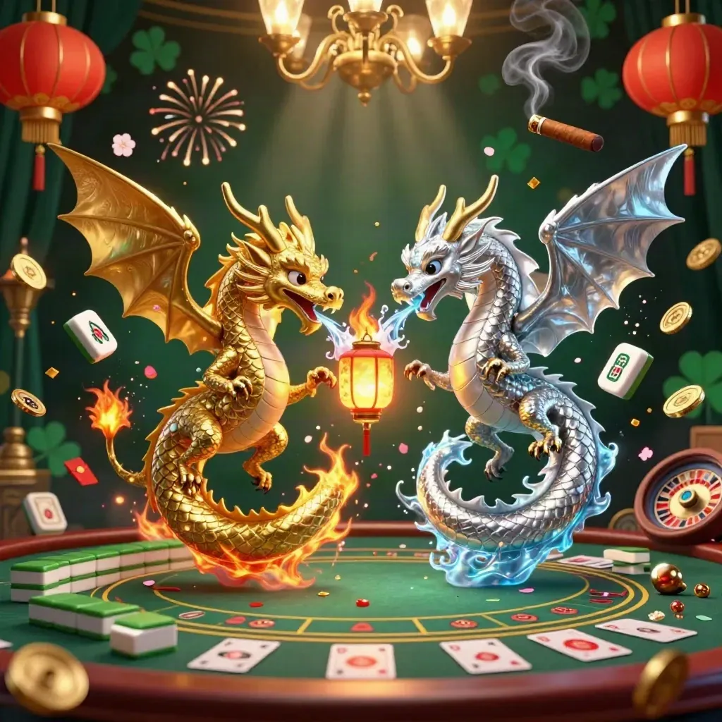Två drakar i guld och silver virvlar över ett lyxigt kasino med mahjong, ljus och spelglans.