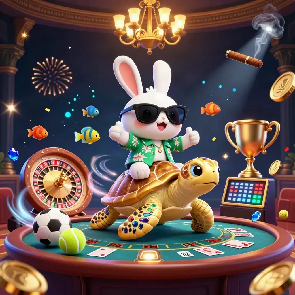 En lycklig kanin rider på en gyllene havssköldpadda i ett lyxigt casinorum.