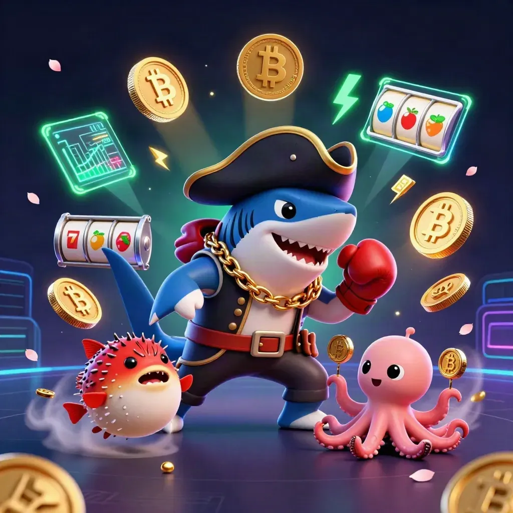 Piratshark, röd blåsfisk och babybläckfisk med mynt, neon och kasinoeffekter.