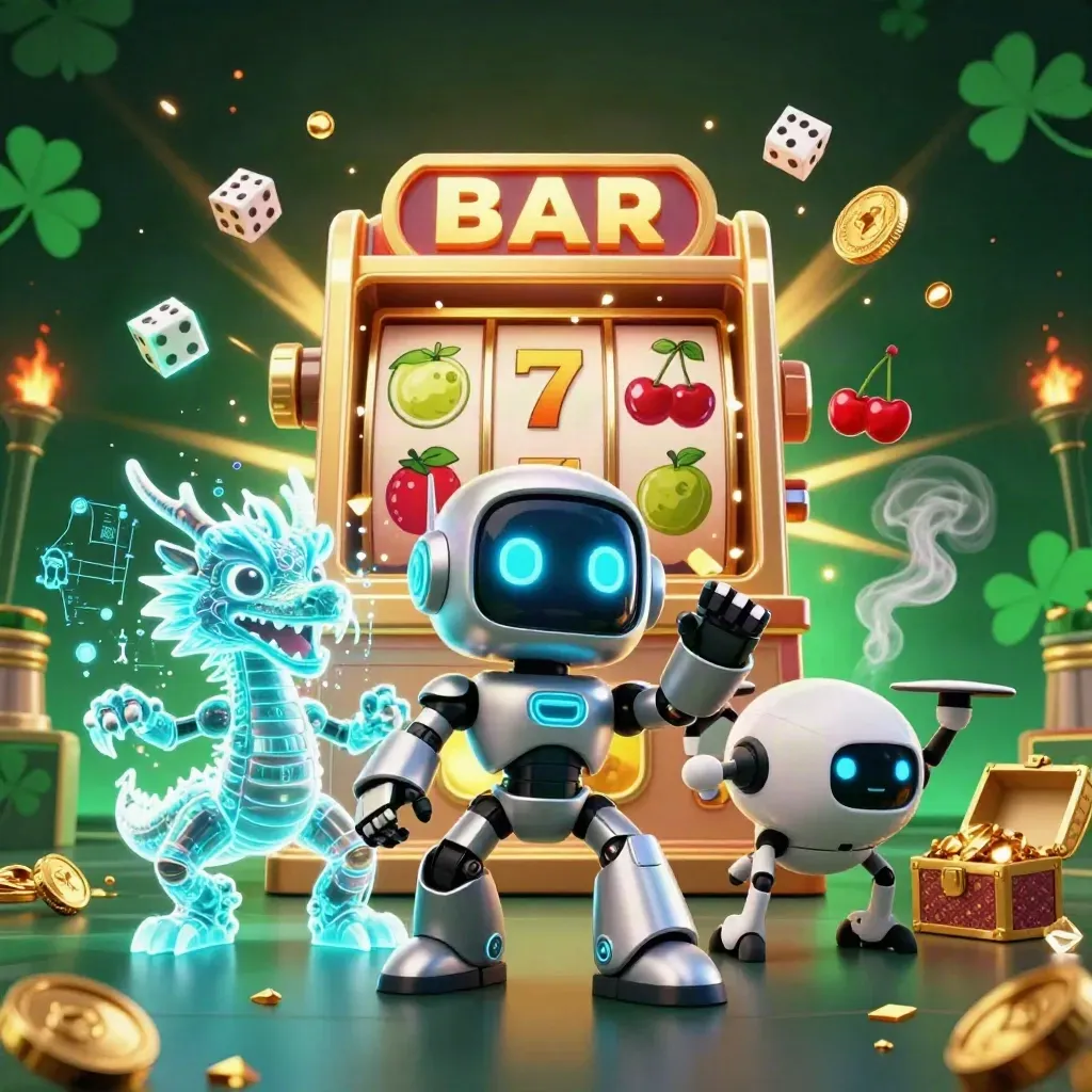 Cyberpunkrobot, hologramdrake och drönare bland guld, tärningar och slotburst