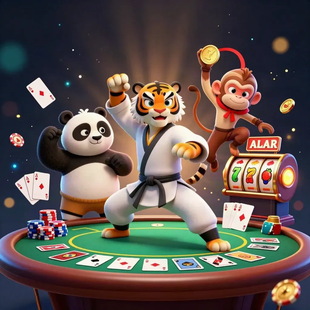 Tiger, panda och apa i casinostil bland pokersaker och lysande fruktsymboler.