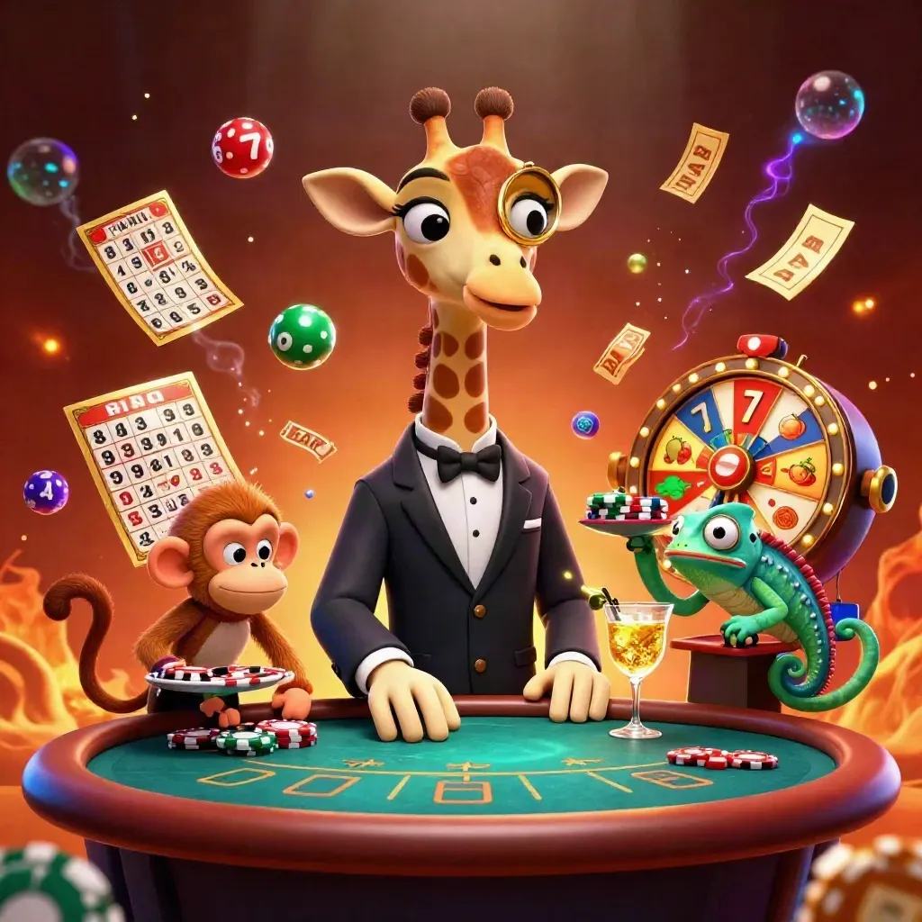 Giraff, apa och kameleont i lyxigt casinotema med guldljus och spelobjekt.