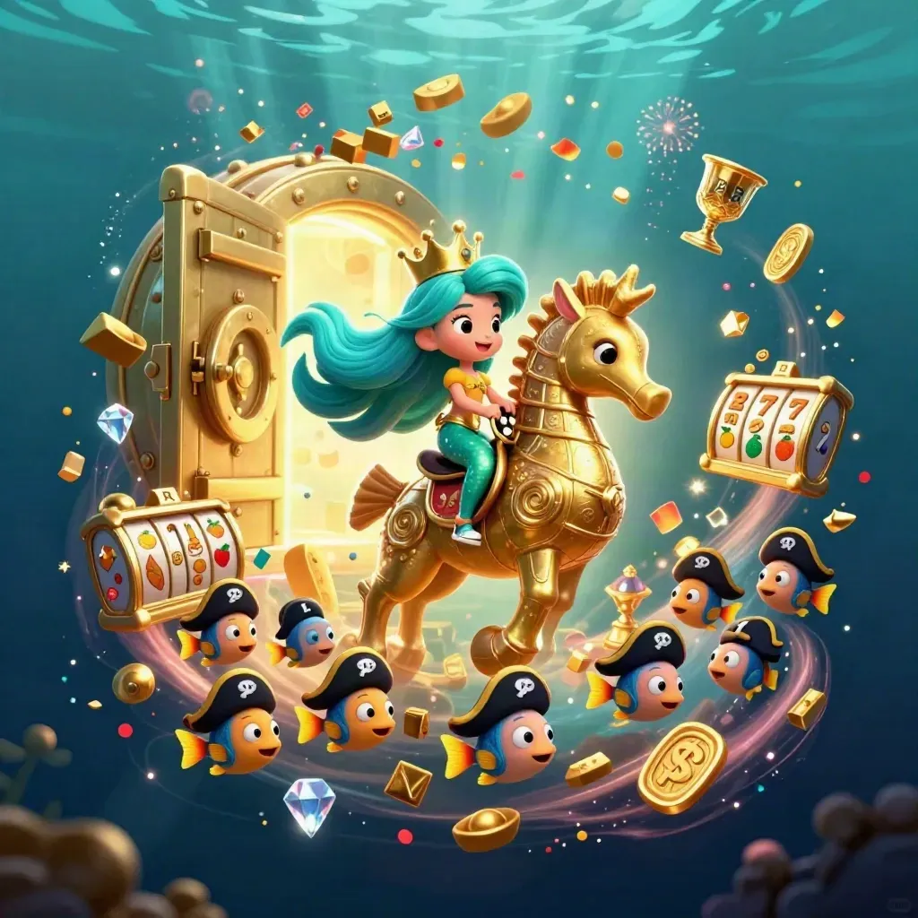 Merprinsessa rider på gyllene sjöhäst bland skatt, fisk och slottsymboler under vatten.