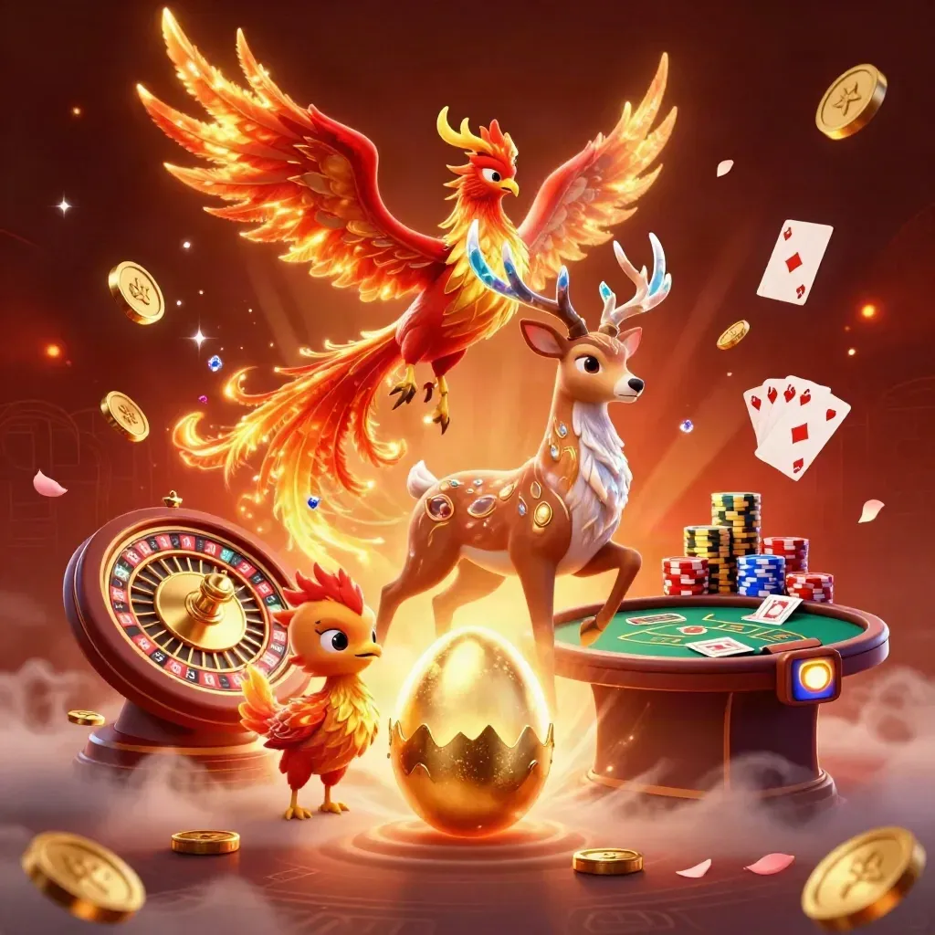 Fenix, hjort och kläckande unge bland guldmynt, kort och glöd i lyxigt casinotema.