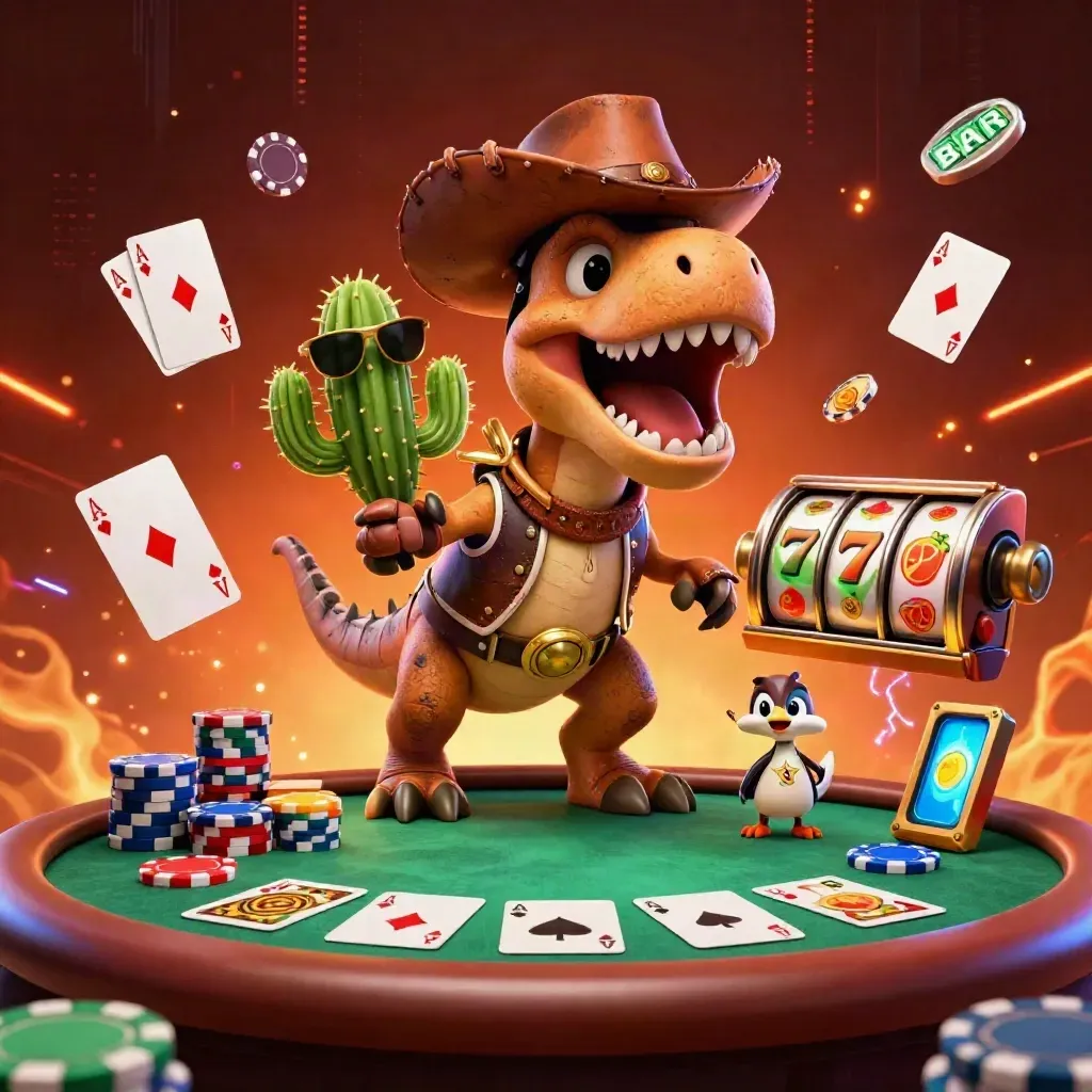 Cowboy-T-rex, kaktus och sheriff-roeadrunner vid neonpokerbord.