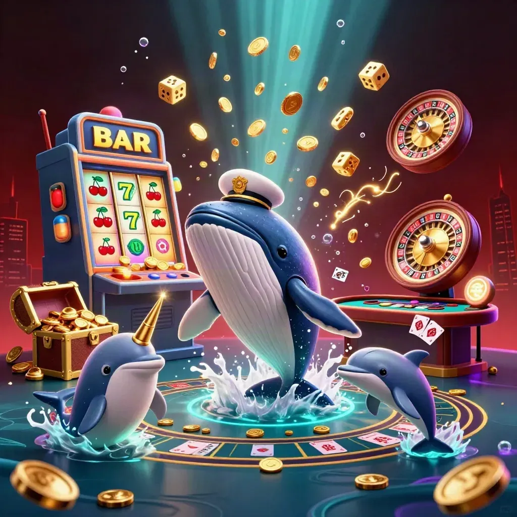 Vall, narval och delfiner i ett glittrande casinohav med guld, neon och spelautomater.