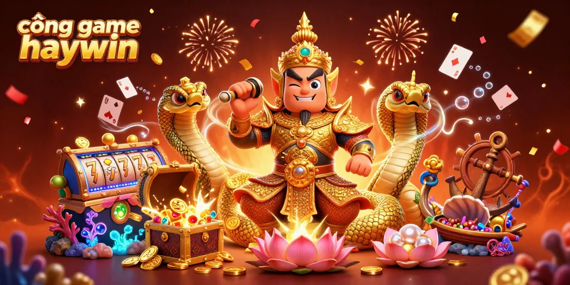 Spin the reels at cổng game haywin with a vibrant 3D illustration featuring lucky symbols and treasures.