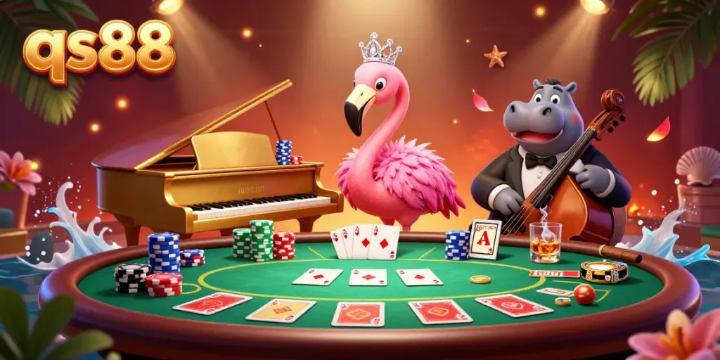 Experience vibrant excitement with qs88 at a bustling casino with colorful chips and lively characters.