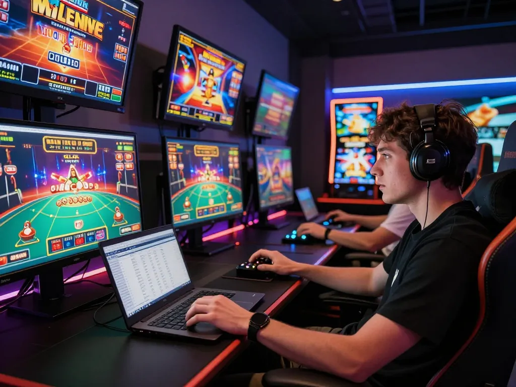 Kuwin player strategizing with multiple screens displaying online casino games, showcasing immersive gaming experience.