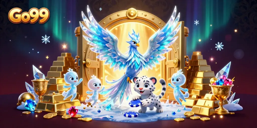 Engage with Go99's thrilling gaming world through a magical 3D illustration featuring vibrant characters and dynamic elements.