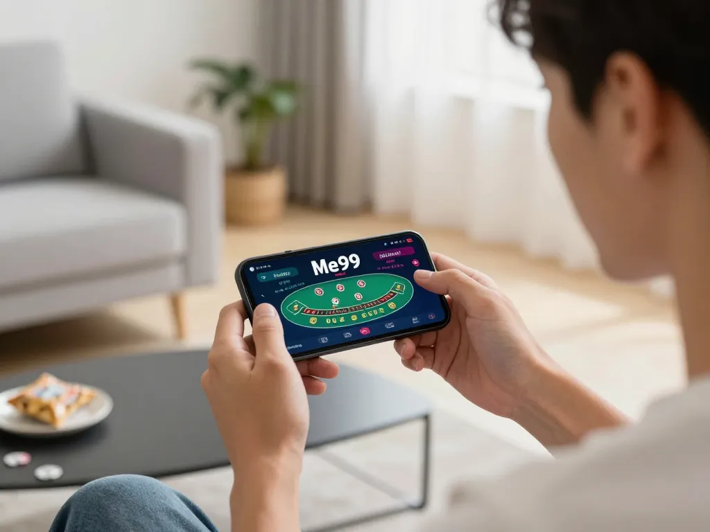 Player enjoying Me99 mobile casino app while focusing on live dealer gameplay in a cozy home setting