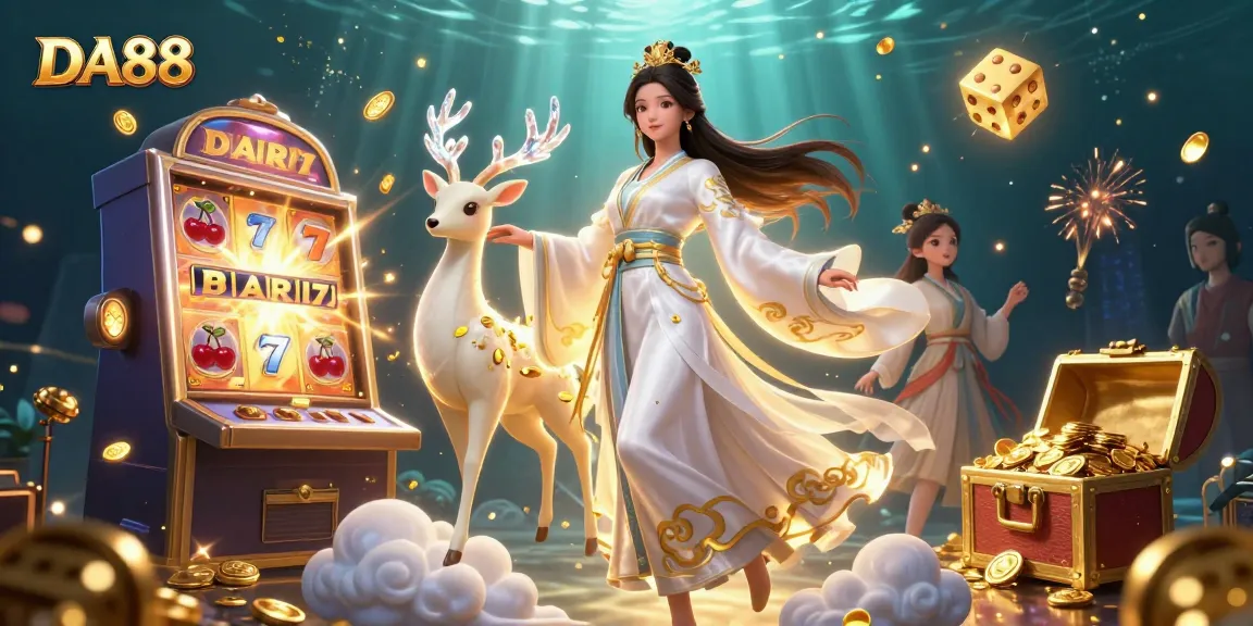 Engage with DA88 in a vibrant online casino scene packed with slot machines and treasure elements.