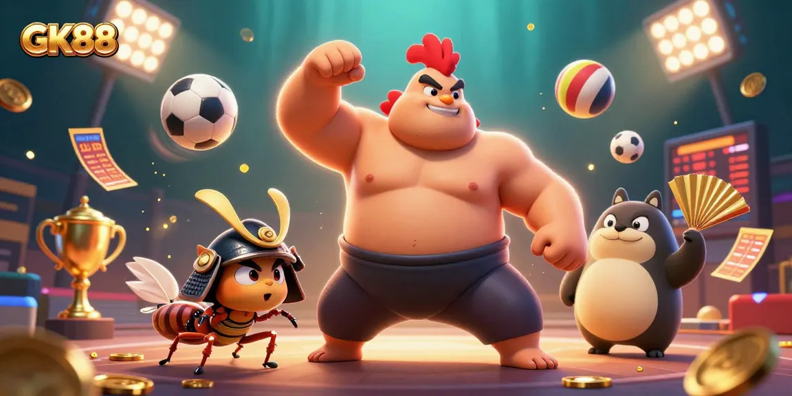 Experience thrilling action at GK88 with sumo wrestlers, sports, and vibrant casino elements.