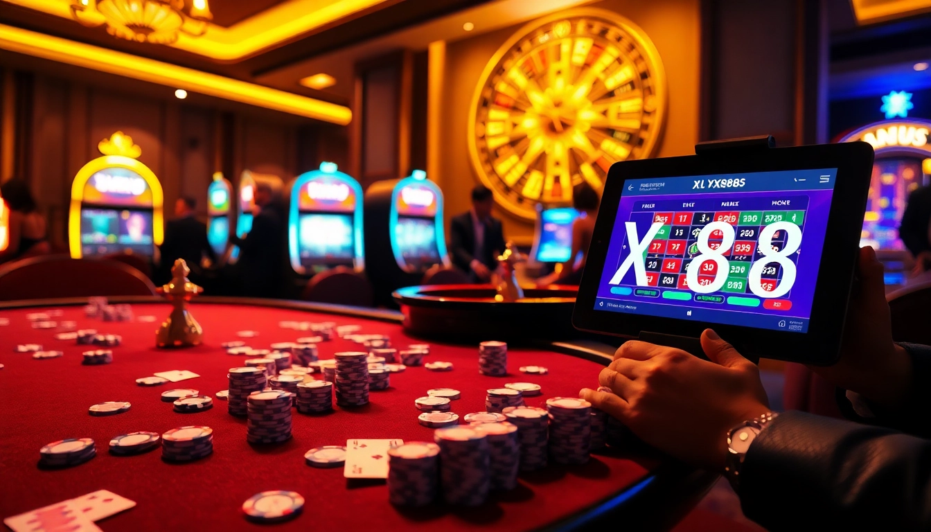 Engaging in a thrilling game at the casino with XX88 poker chips and cards on the table.
