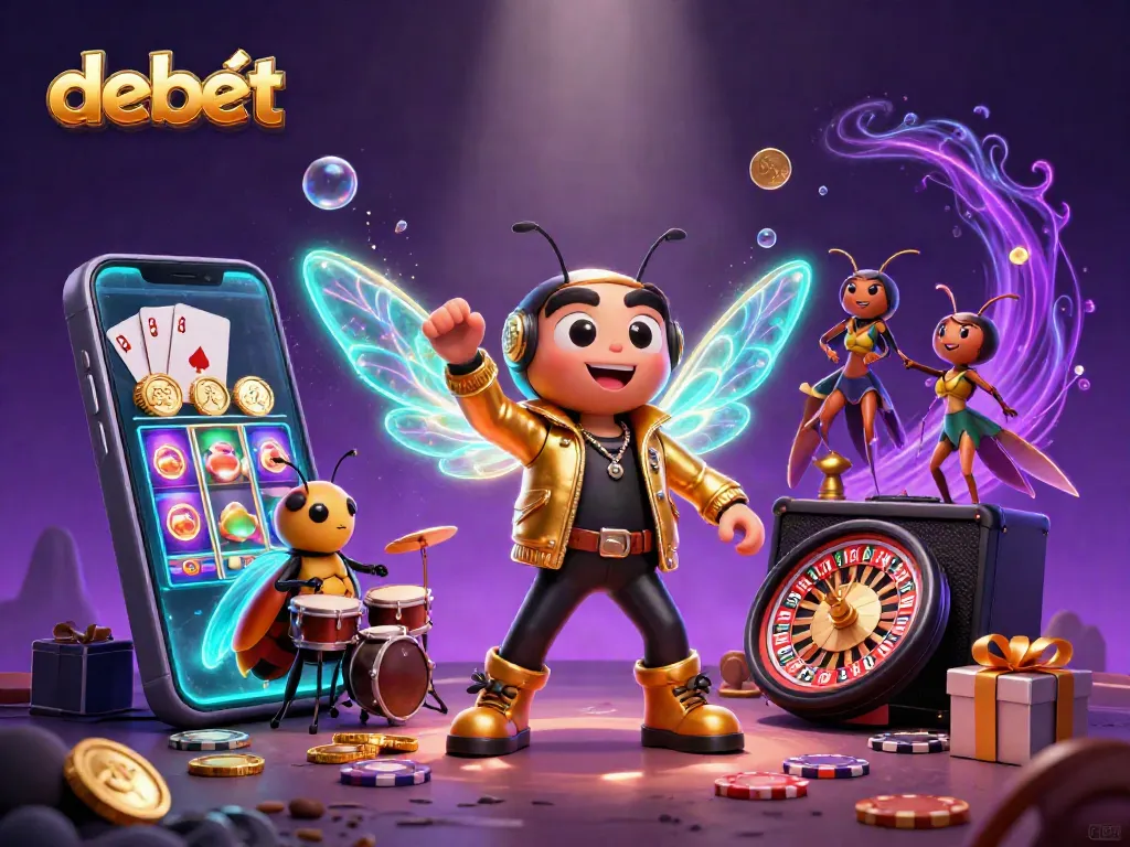 Experience the vibrant debet gaming scene with cartoon characters, slot games, and rich colors.