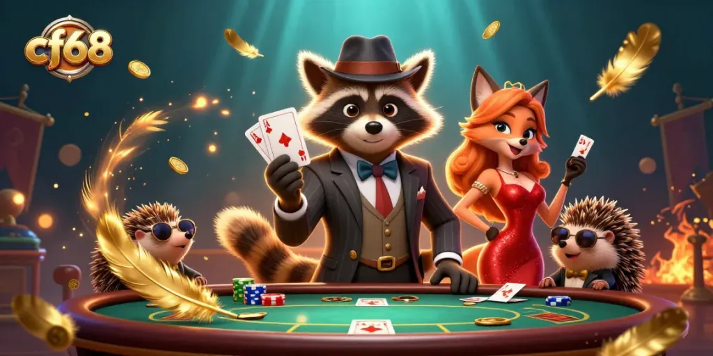 Experience the thrill of poker with cf68 as raccoon, fox, and hedgehog characters play at a vibrant casino.