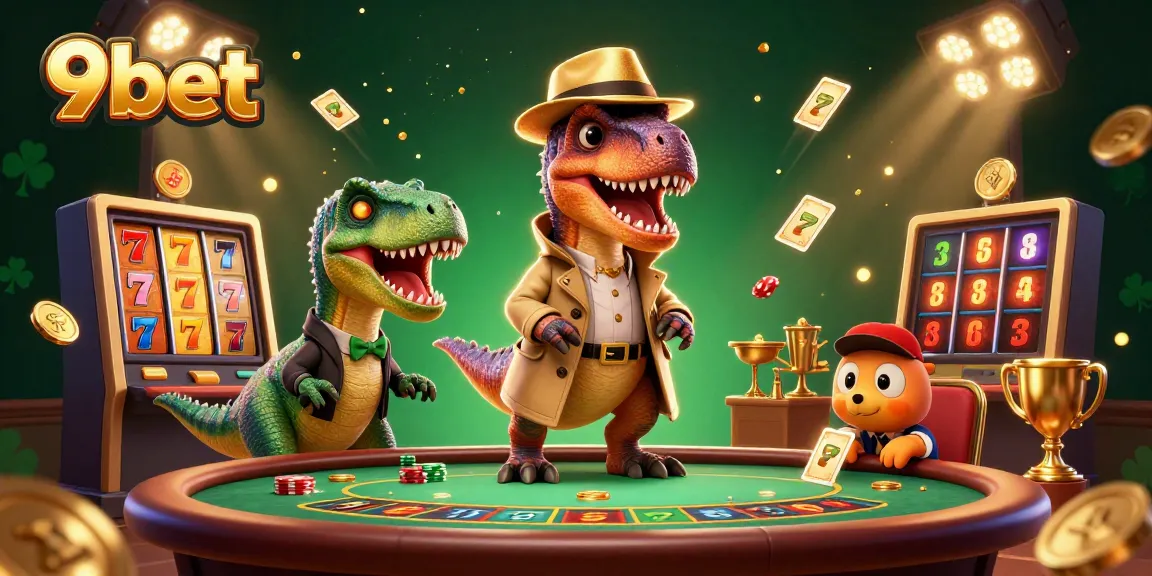 9bet illustration depicting a velociraptor counting cards at a blackjack table with flashy gaming elements.