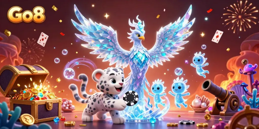Engage with Go8's vibrant online casino atmosphere featuring a whimsical ice phoenix, poker elements, and a lively underwater theme.