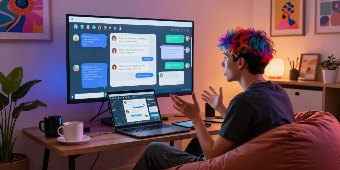 Interactive NSFW chat bot interface in a cozy urban home office, showcasing user engagement and vibrant atmosphere.