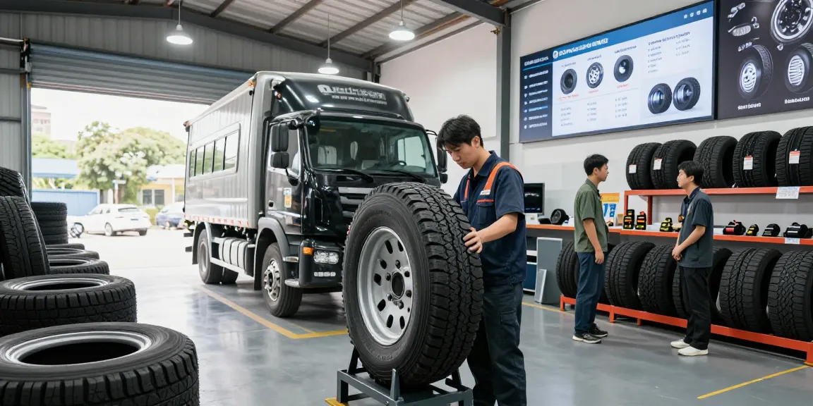 Technician inspecting Double Coin RR99 tire in a vibrant tire shop
